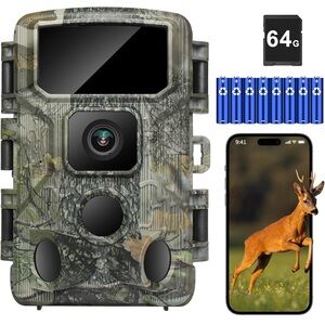 Trail Camera,WiFi Trail Cam 4K 64MP Game Camera 64GB Memory Card